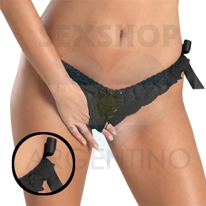 Tanga negra con apertura por delante desmontable .-