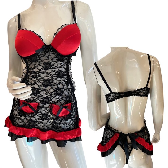 Vestido delantal encaje y saten NEGRO .-