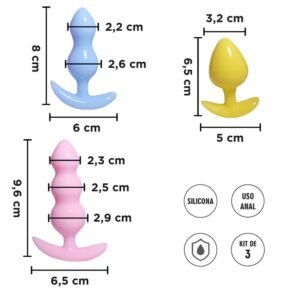 Kit de 3 Plugs Anales de Silicona, 7, 8, 10cm