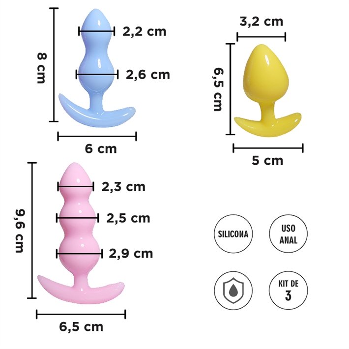 Kit de 3 Plugs Anales de Silicona, 7, 8, 10cm